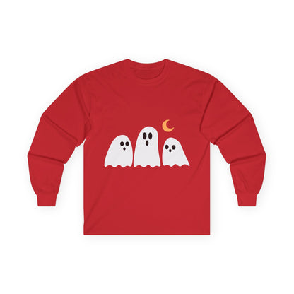 Ghostly Long Sleeve Tee, Unisex Halloween Shirt, Spooky Costume Top, Fall Outfit, Ghost Print Tee